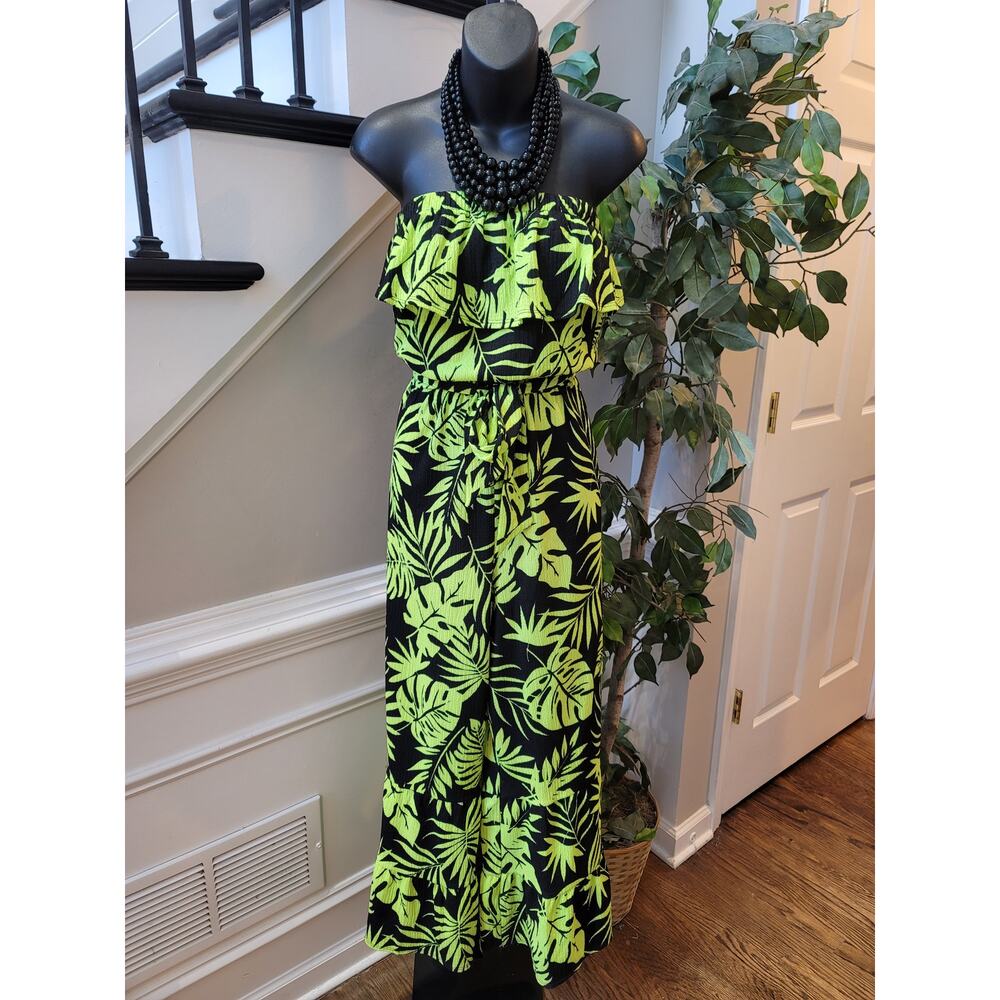 CATO Leaf Print Strapless Jumpsuit Women's Size Large Green Black Summer - Picture 2 of 11